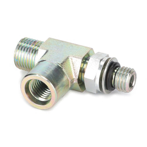 A metallic T-shaped hydraulic fitting with threaded connectors and an O-ring, compatible with Massey Ferguson models, branded as AGCO | Selector - 4306671M2.