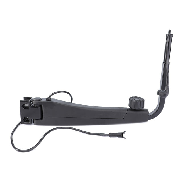 The AGCO Mirror Arm, Electric Control - 3787156M91 is a high-grade certified mechanical arm in black that includes an attached wiring cable, features an adjustable knob and a hinge mechanism on one end.