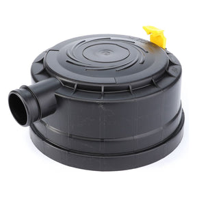The End Cap - 3907609M1 by AGCO is a round black automotive part featuring a yellow tab, a side outlet, and high-grade steel filters.