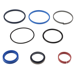 The AGCO | SEALS KIT - AL5033707 from AGCO features a collection of variously sized O-rings and seals, including black, blue, and red pieces, all meticulously arranged on a white background.