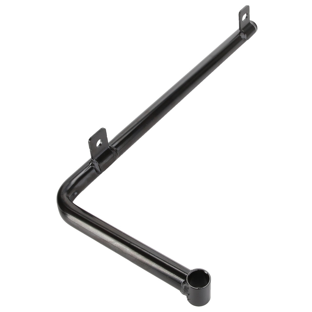 The AGCO Tie Rod - 4279991M1 features a sleek black metal arm with two sturdy mounting brackets and a streamlined cylindrical end piece.