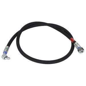 Product Description: The AGCO Hose - Acp0295140 is a black rubber hydraulic hose featuring metal fittings on both ends, with one straight fitting and the other angled. This high-quality hose is manufactured by AGCO and currently lacks a detailed product description.