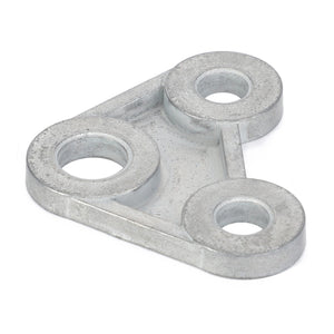 The AGCO Spacer Plate - F291500030160 by AGCO is a triangular metal plate featuring three circular openings, designed for use as a mounting bracket or connector. No current product description available.