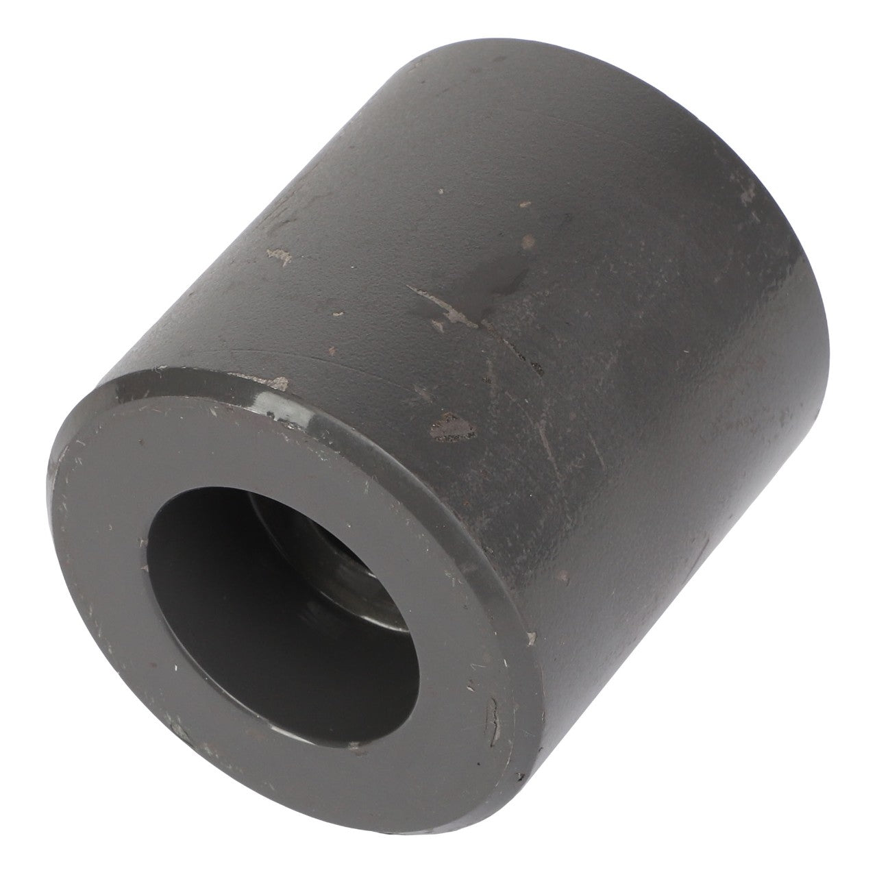 A cylindrical metal object with a hollow center and a slightly rough, dark gray surface that resembles industrial craftsmanship, branded as AGCO and identified by the product name FRONT AXLE - AL10391922.