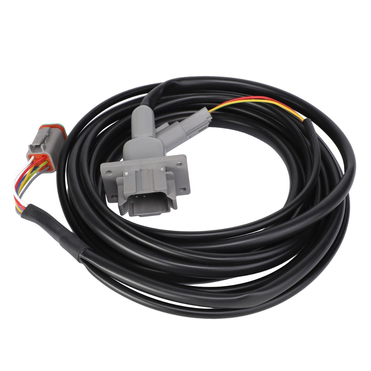 A product from AGCO named HARNESS - AL60007848 features a black coiled cable with multiple colored wires at one end and a rectangular gray connector at the other, though its specific use is not detailed.