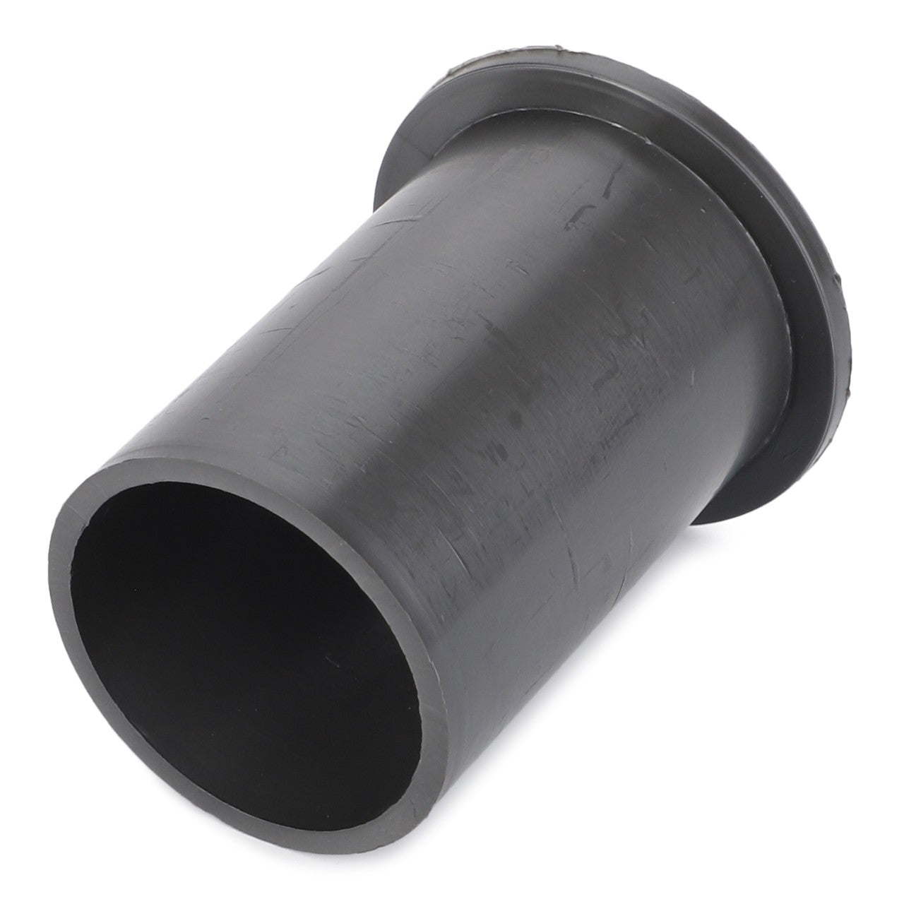 The AGCO Bush, Reel Arm - La300114624 is a black cylindrical rubber grommet with a flanged end, designed to protect wires or cables passing through openings and ensure maximum uptime.