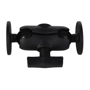 The AGCO | RAM® Universal Double Ball Mount with 2 Round Plates - AG523549 is a black, industrial metal valve featuring two circular flanges on either side, a T-shaped handle at the bottom, and an integrated double socket arm for added flexibility.