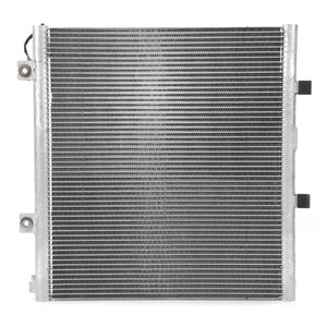 The AGCO | Condenser, Air Conditioning - G416550060100 is a metal car radiator with parallel horizontal fins, housed in a silver frame, designed for optimal heating and air conditioning.