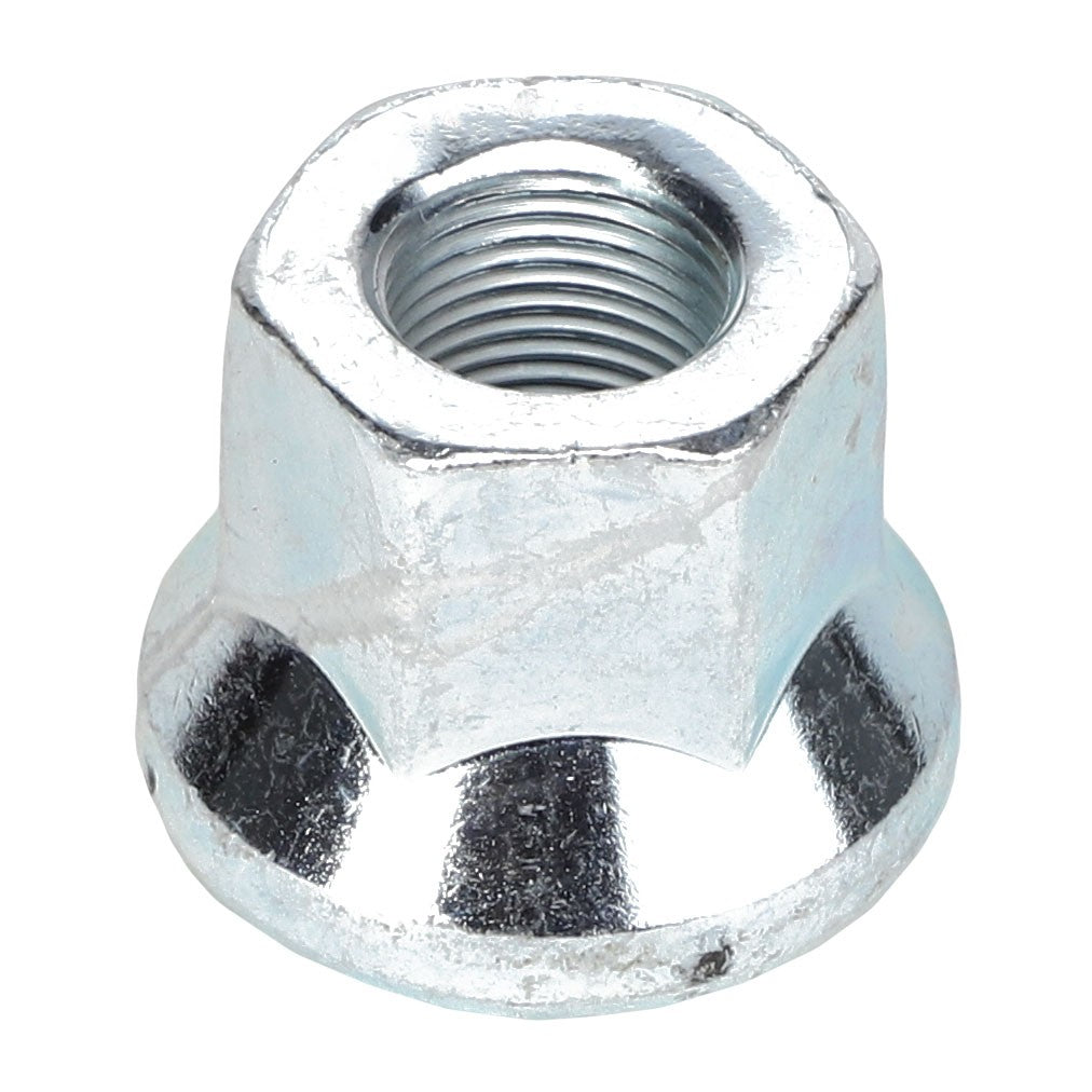 A close-up image of the AGCO Kit, Nut - 700737396, a metallic flanged hex nut with a threaded interior, frequently used in various Valtra models.