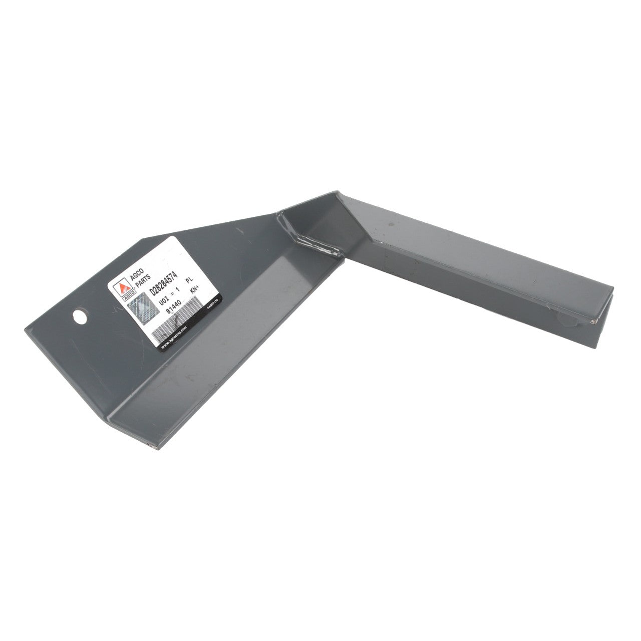 A robust gray metal bracket from AGCO, labeled with essential text and a clear barcode (Product Name: AGCO | BRACKET - D28284574).