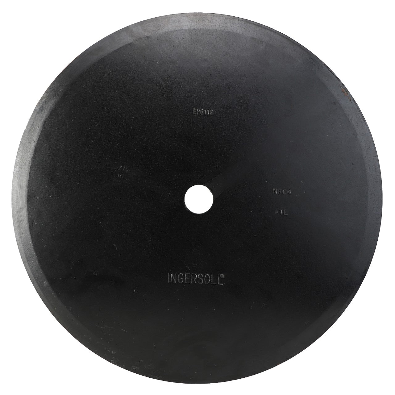 A round, black disc blade with a hole in the center, featuring the text "AGCO" on its surface. This robust implement, known as the AGCO | BLADE - EP6118, is commonly used among AGCO Corporation's range of plowing discs and concave discs for efficient agricultural operations.