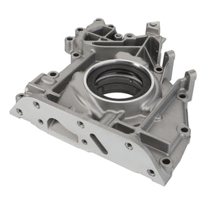 The AGCO Crankcase End Cover - F404200210090 is a metallic engine timing cover featuring a central circular opening and multiple bolt holes for secure attachment. No current product description is available for this item.