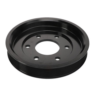 The AGCO Crankshaft Pulley - Acw3344240 is a black, grooved metal pulley featuring five bolt holes in the center. Currently, no additional product description information is available.