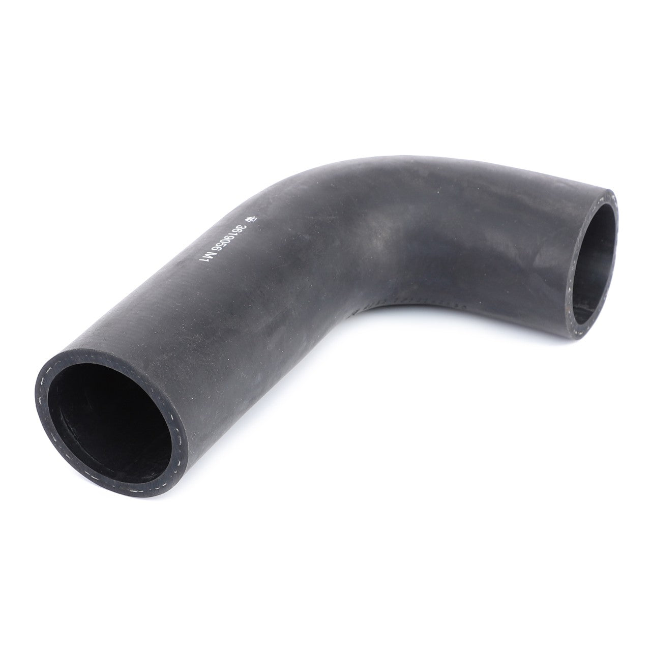 A black rubber pipe with a curved angle, photographed against a white background, showcases the quality of the AGCO Upper Radiator Hose - 3619056M1 that fits Massey Ferguson models.