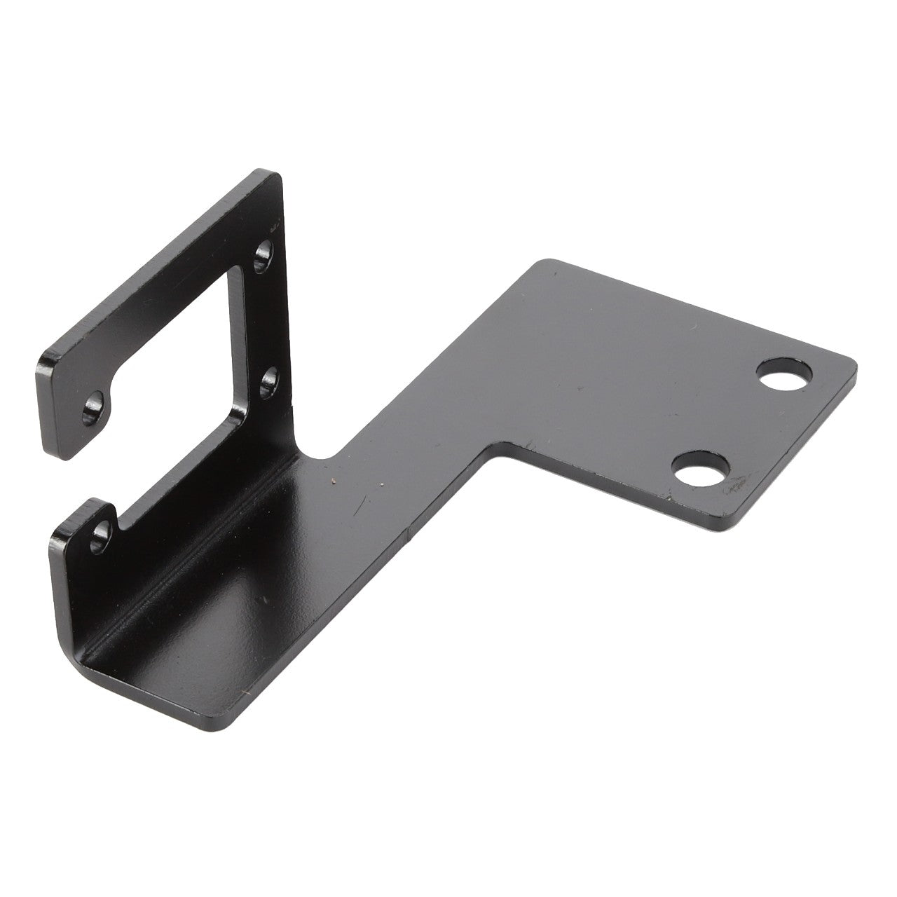 The AGCO Bracket - Acw2176510 is a black metal mounting bracket featuring two bolt holes and an angled design, making it perfect for various installations.