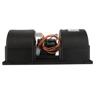 A black AGCO dual motor blower (model FAN - D45053200) with red, yellow, and black wires is shown on a white background. No current product description information is available.