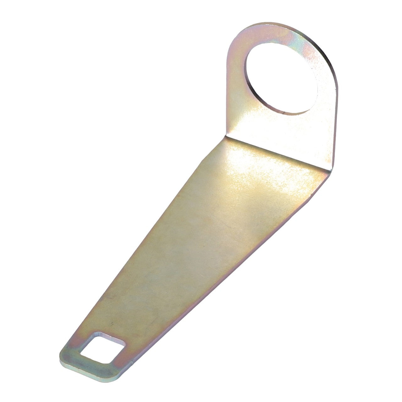 The AGCO Spring Gauge - Acw0922840, a metal bracket brandished with a rectangular cutout at one end and a large circular hole at the other end, is featured. Please note that no current product description information is available.