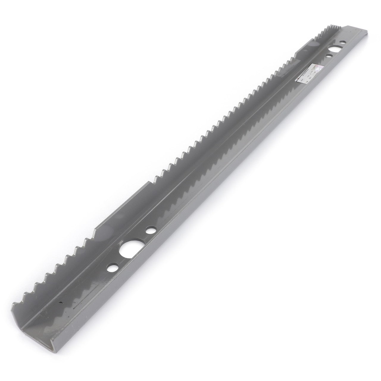 A sharp-edged, metallic AGCO Chain Feeder Slat, Right - D28285324 with serrated edges and several holes along its length, designed for maximum uptime and isolated on a white background.