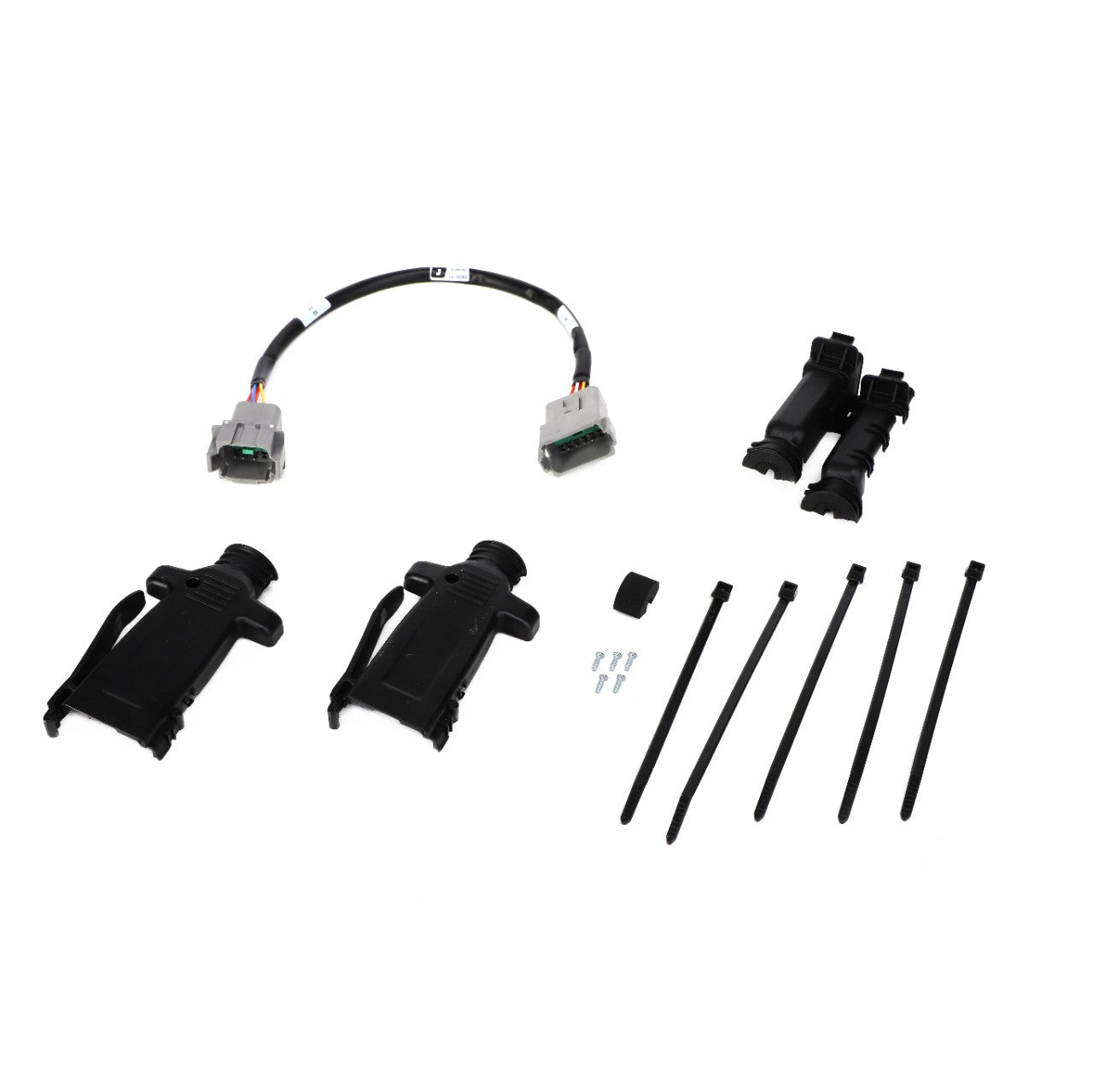 The AGCO | Conversion Kit - Acp0614090 includes a set of electrical connectors and cables, featuring two main connectors, four cable ties, screws, and a short cable with connectors on each end. This kit is perfect for Valtra or Massey Ferguson machinery.