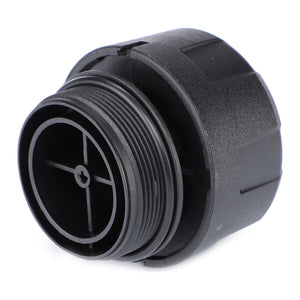 A close-up of the AGCO Breather - H218PB3001010, a black plastic threaded cap featuring a cross-shaped pattern inside, commonly used in auxiliary tanks of hydraulic systems on Fendt Vario tractors.