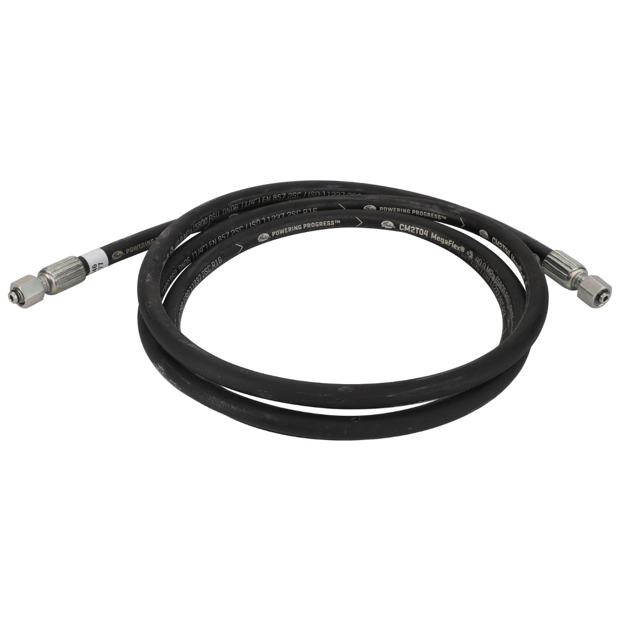 Introducing the AGCO | HYDRAULIC HOSE - D45130046, a high-performance, coiled black rubber hose crafted by AGCO with durable metal connectors on both ends, engineered for high-pressure applications.