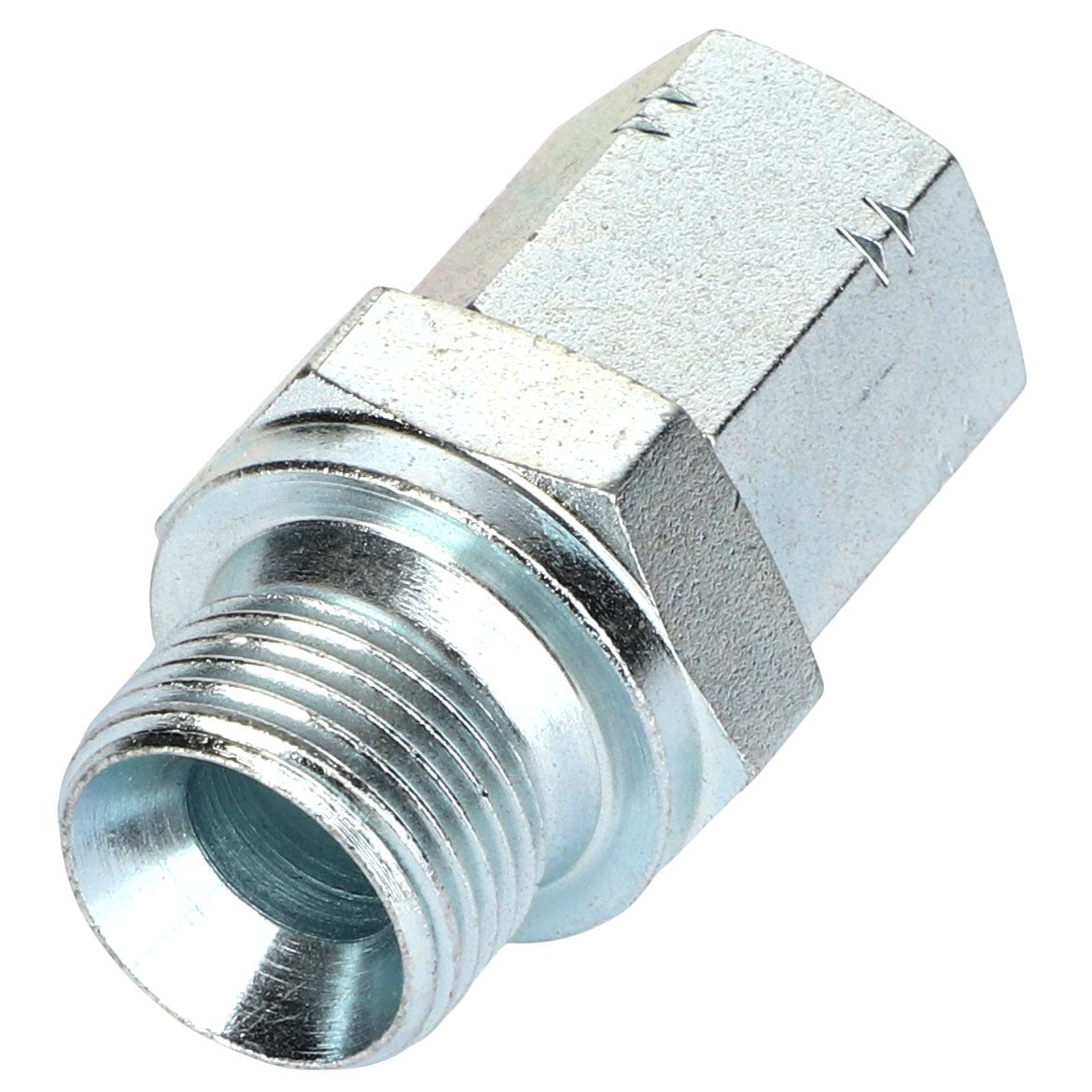 Close-up image of the AGCO ADAPTER - AL5027815, featuring a hexagon-shaped nut and threaded end, highlighting its intricate details.