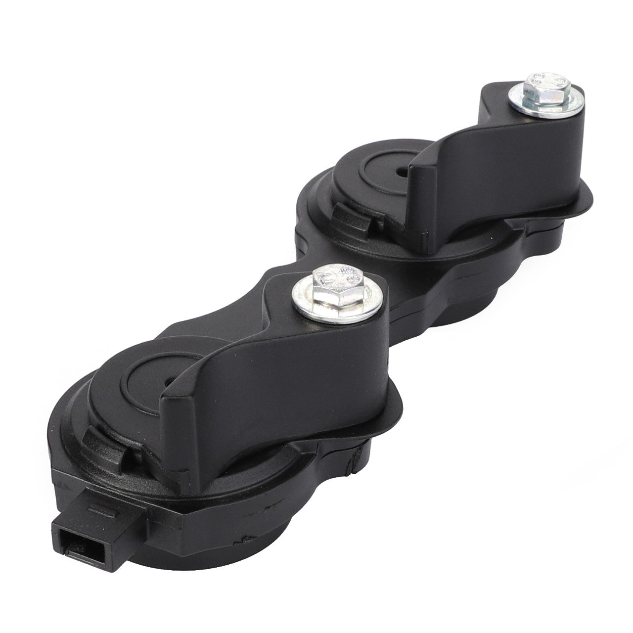 The AGCO | Cover - G835960140160 is a high-quality black dual trumpet car horn with two circular components and attached mounting brackets. Each unit features bolts, making it perfect for enhancing your Valtra or Massey Ferguson tractor.