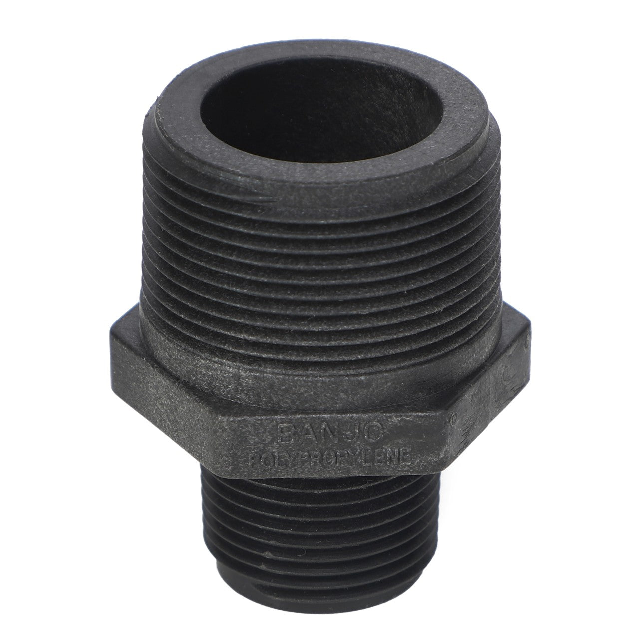 Introducing the AGCO Reducer Fitting - Ag051439 by AGCO: a black threaded polypropylene pipe fitting featuring a male connector on one end and a larger threaded female opening on the other.