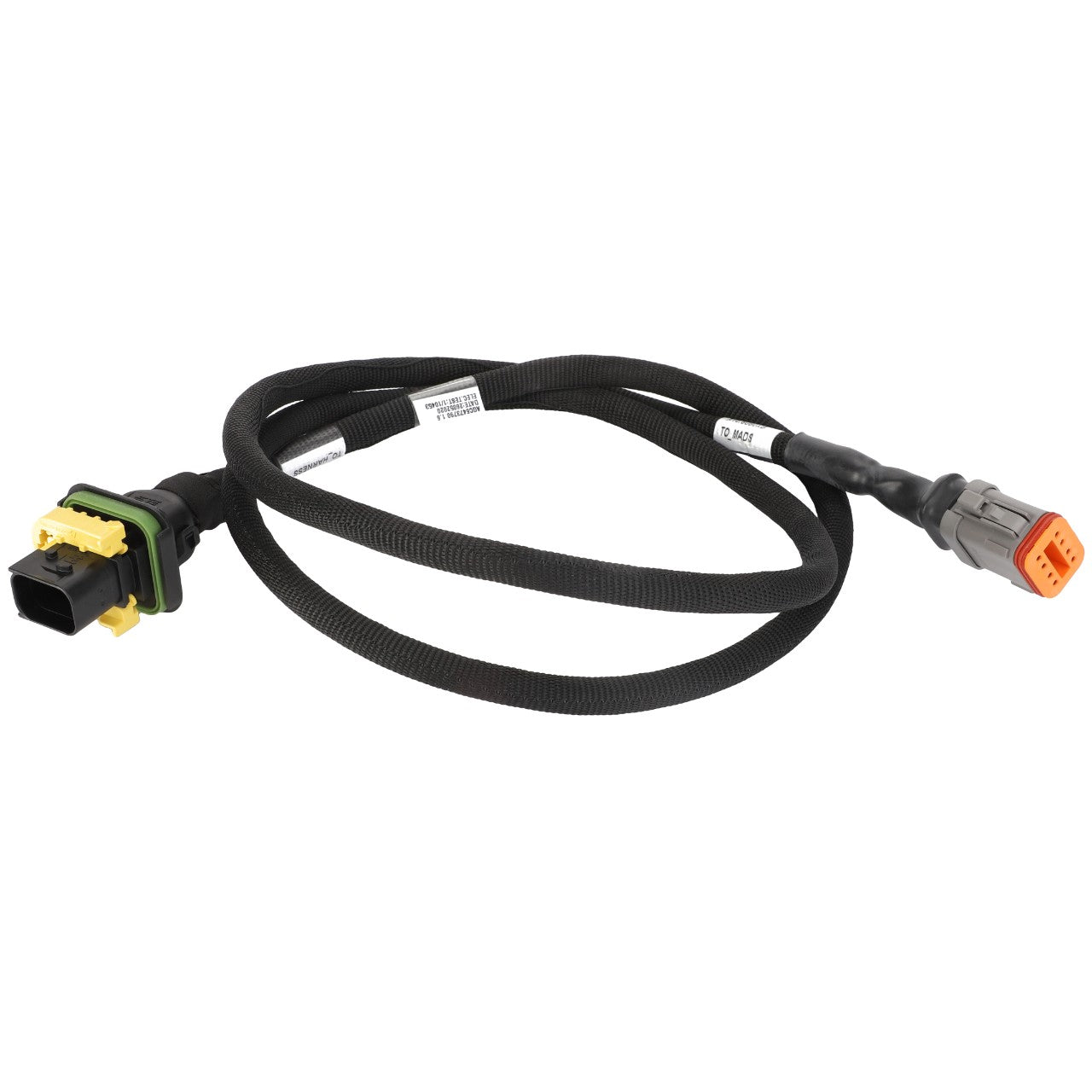 The AGCO Jumper - Acw6473790 automotive wiring harness features a black connector at one end and a gray connector at the other, with no current product description information available.