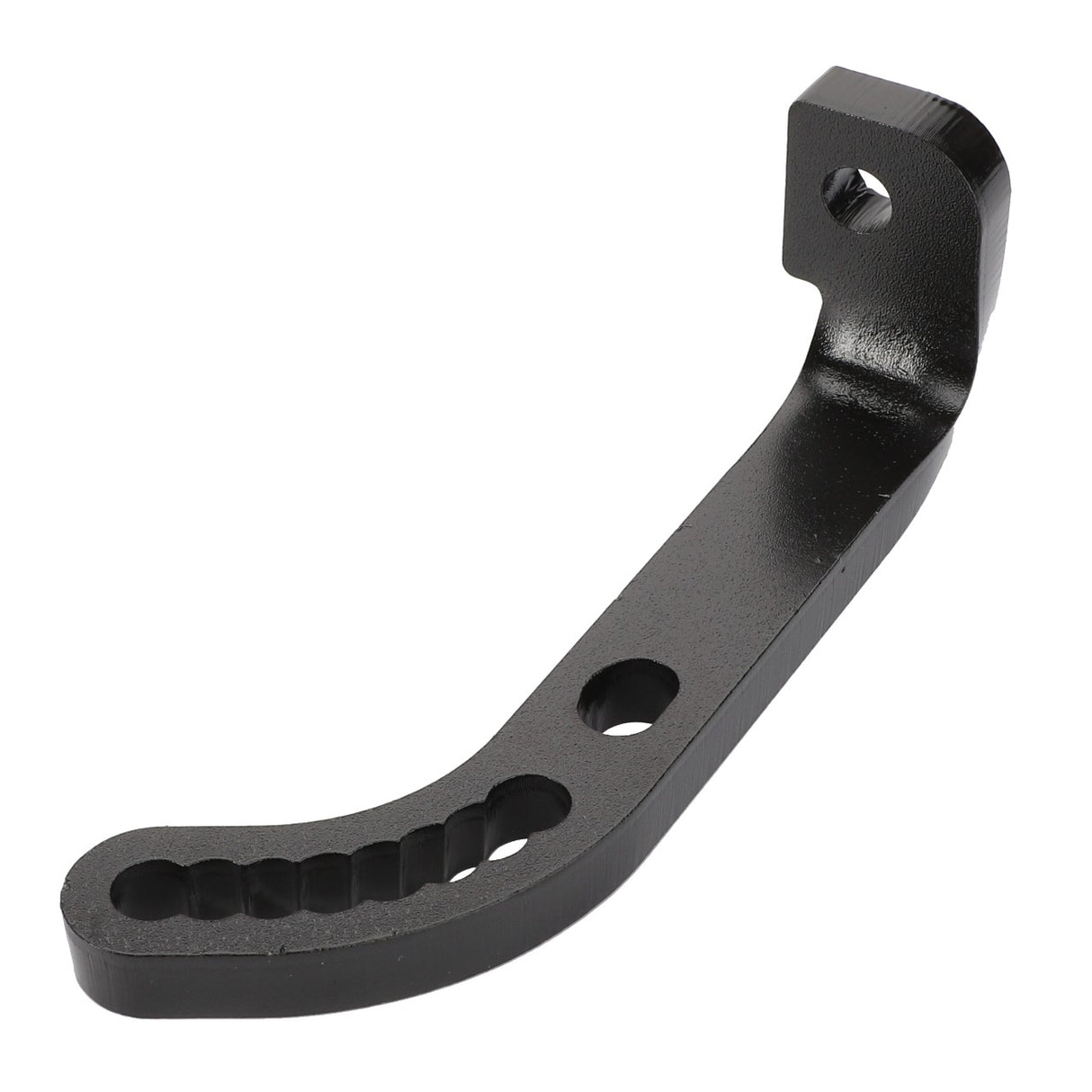 The AGCO Left Hand Stop - Acw0360040 is a black metal bracket featuring several holes and a curved shape. No additional product description information is available at this time.