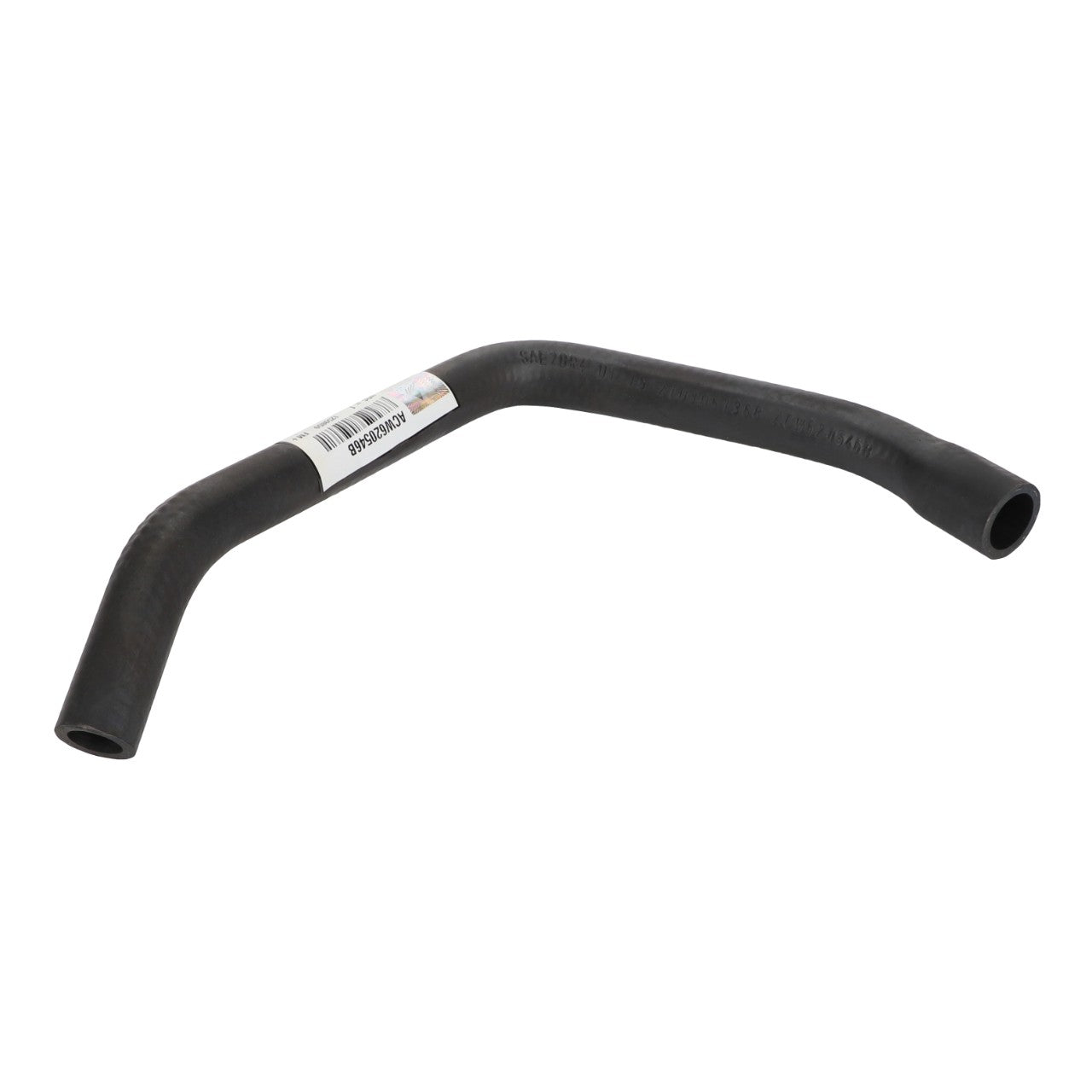 A sleek, black curved AGCO Water Hose - Acw620546B with a label attached to it. The hose features open ends and is showcased against a pristine white background.