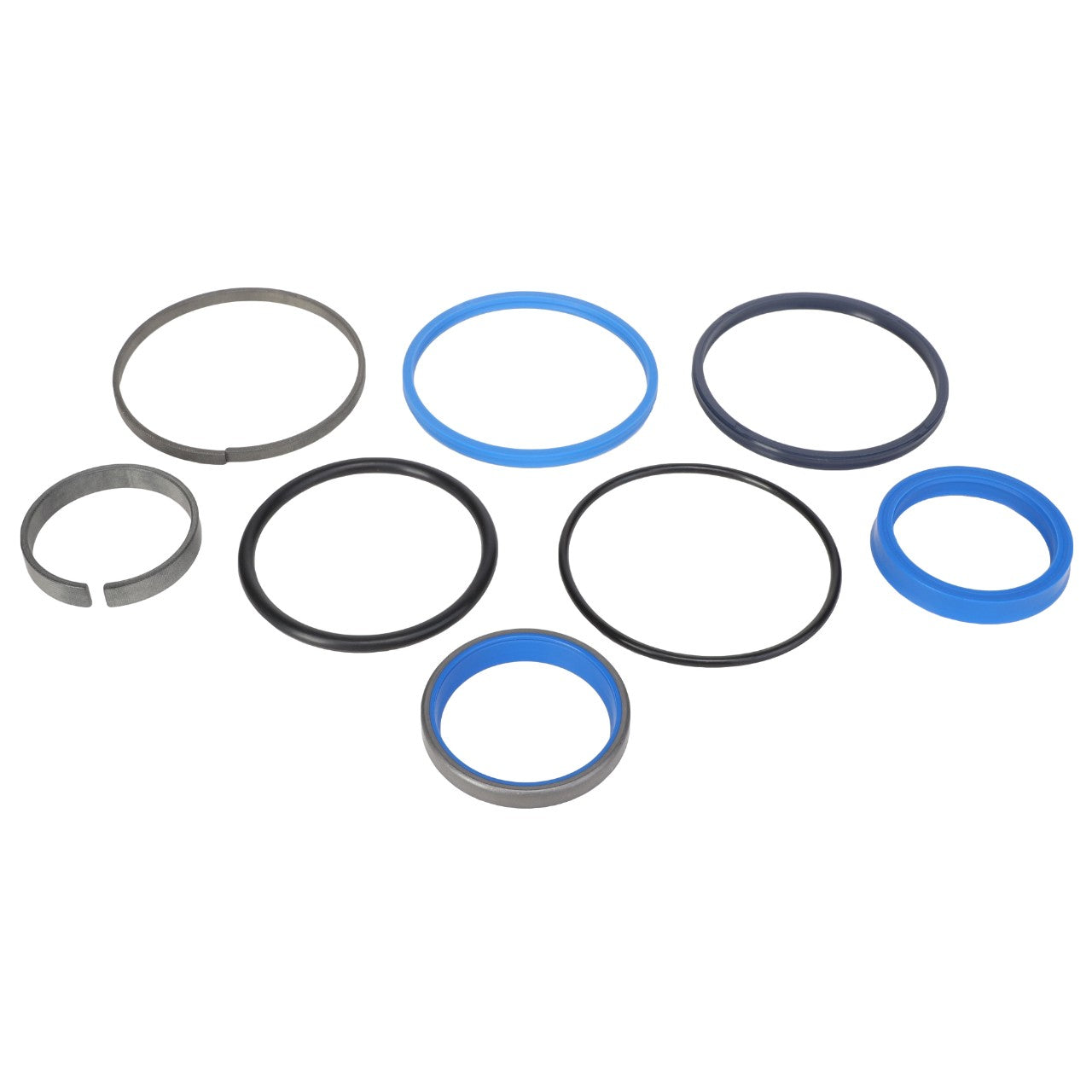 The AGCO SEALS KIT - AL5033709 features a set of eight circular seals and rings in varying sizes, including blue and black ones, beautifully arranged on a white background. The product is branded by AGCO, though detailed product descriptions are currently unavailable.