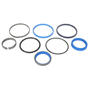 The AGCO SEALS KIT - AL5033709 features a set of eight circular seals and rings in varying sizes, including blue and black ones, beautifully arranged on a white background. The product is branded by AGCO, though detailed product descriptions are currently unavailable.