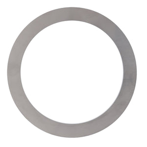 The AGCO Adjusting Shim - 3014238X1 is a flat, circular metal ring with a smooth finish and a wide outer edge, reminiscent of the robust design elements found in Massey Ferguson models. The inner circle is empty.