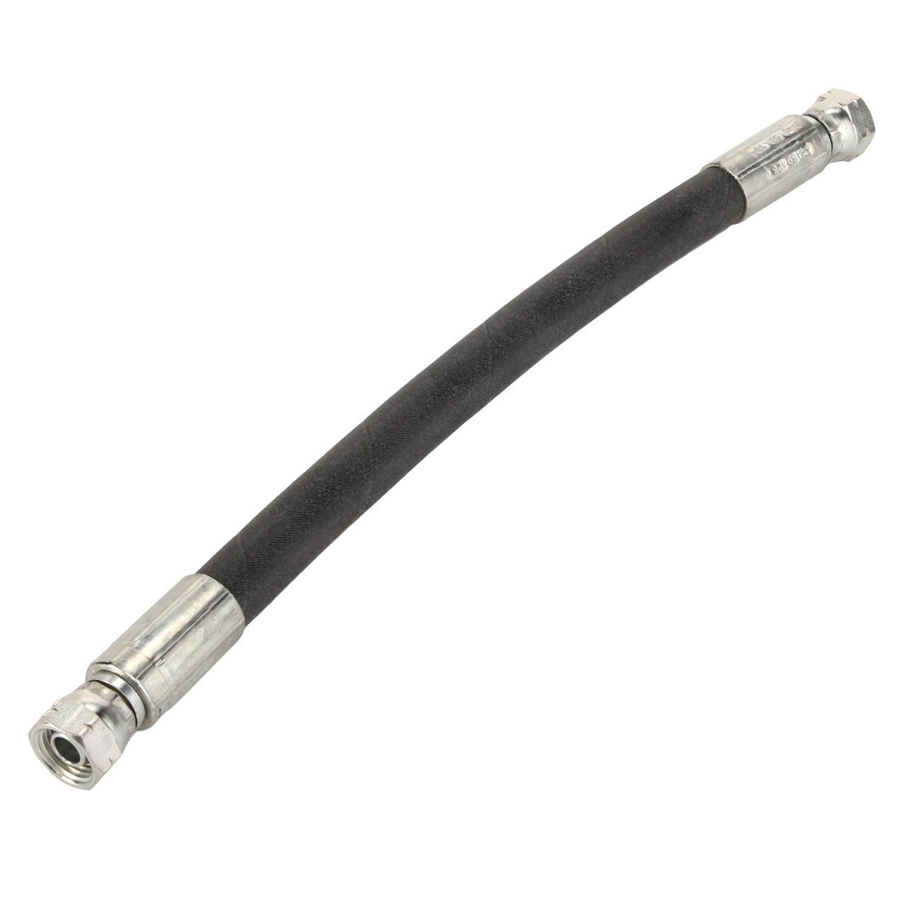 The AGCO Hose - Acp0384500, from the brand AGCO, is a flexible black hose featuring metal connectors on both ends, designed primarily for fluid transmission.