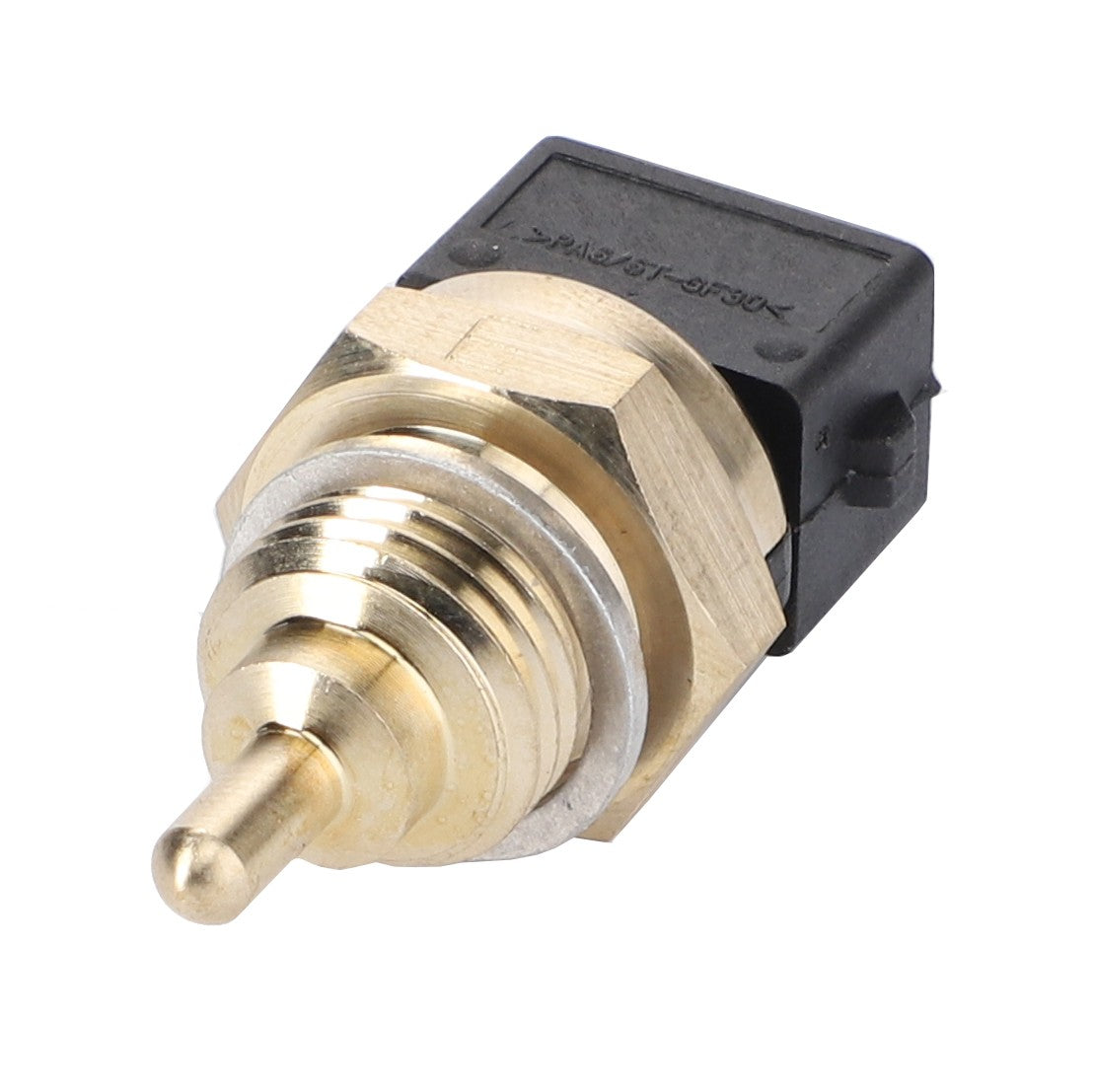 An AGCO Temperature Sensor (part number 4358296M1) featuring a brass and black design with a threaded connector and protruding pin, compatible with Massey Ferguson machinery.