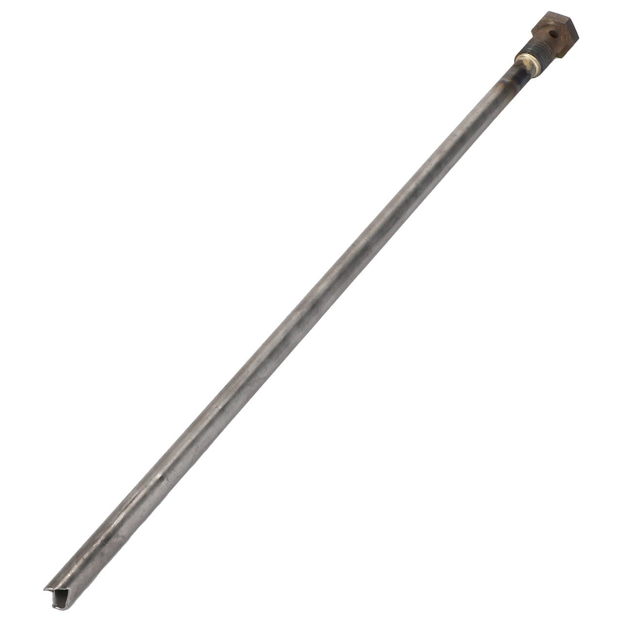 Product Description: The AGCO | BANJO BOLT - V30923000 is a long metal rod featuring a threaded end on one side and an open, rectangular slot on the opposite end.