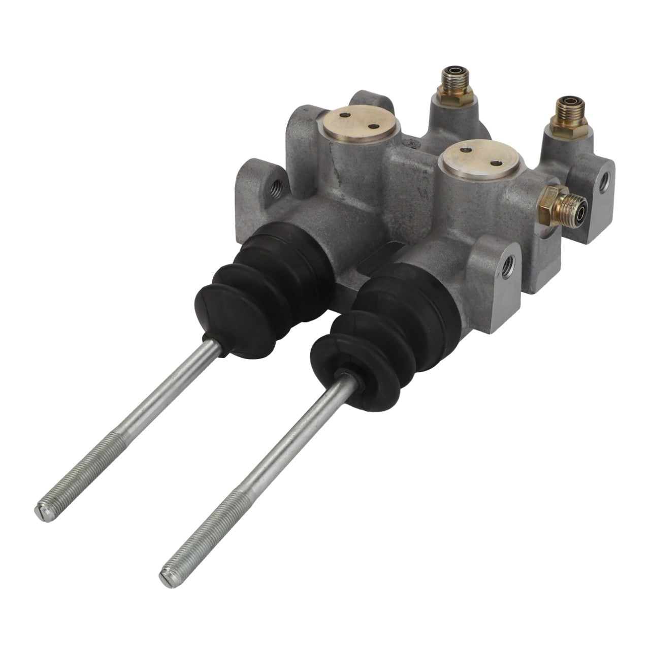 No current product description information is available, but the AGCO | Master Cylinder - Acw2918080 by AGCO is a mechanical component featuring two cylindrical shafts with rubber boots, connected to a metal housing with three gas or fluid fittings on top.