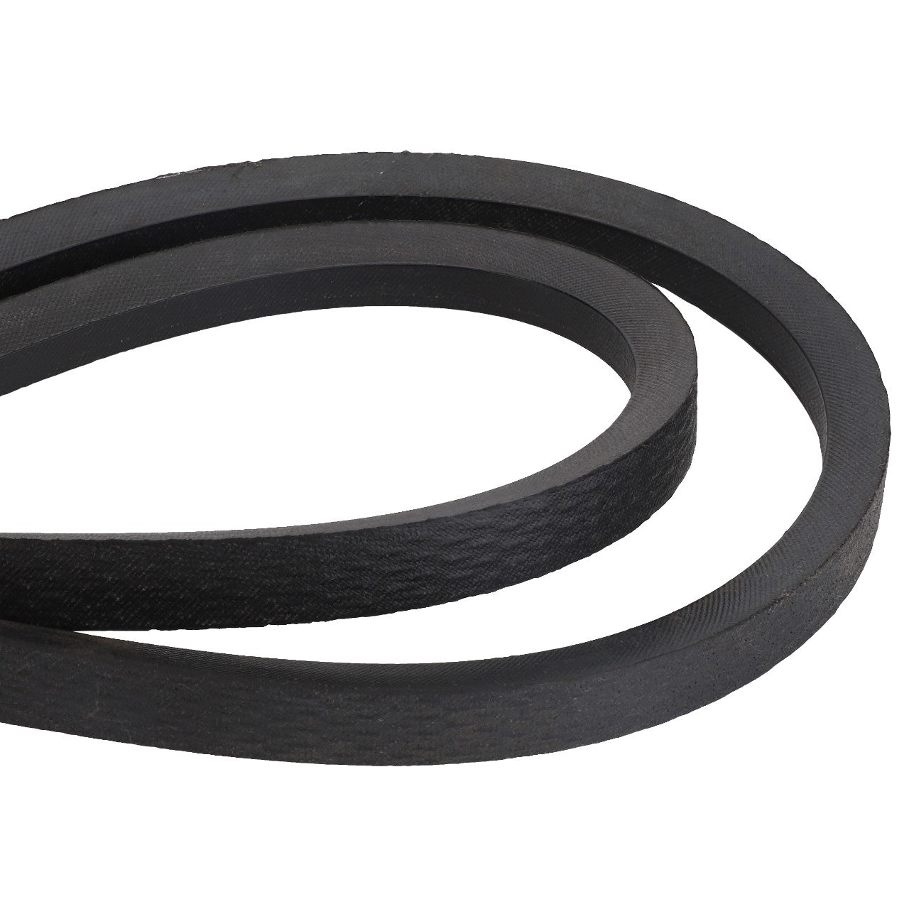 Close-up of the AGCO KIT, V BELT - D26733588 looped and partially twisted, revealing its flat, ribbed surface and uniform thickness. This high-quality black rubber belt is crafted under the reputable AGCO brand.