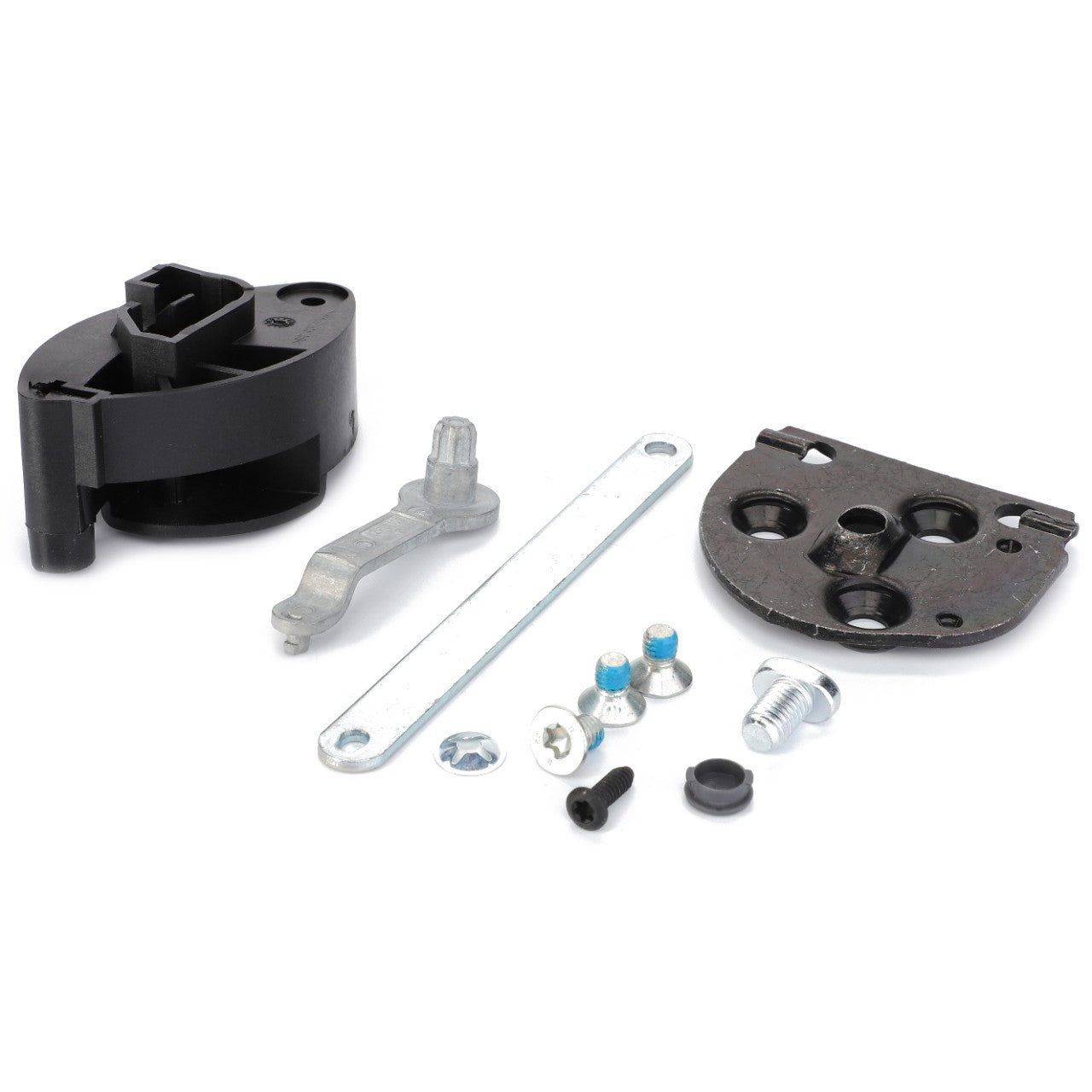 Introducing the AGCO Adjustment Set - F930500030320, a high-quality assemblage from AGCO. This set includes a black plastic component, a metal lever, a flat metal strip, a black metal plate, and an assortment of small screws and bolts for your mechanical needs.