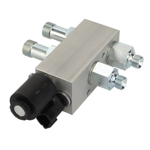 The AGCO Block - Acp0437400, a metal hydraulic valve with three ports and a black plastic component attached, currently has no product description available.