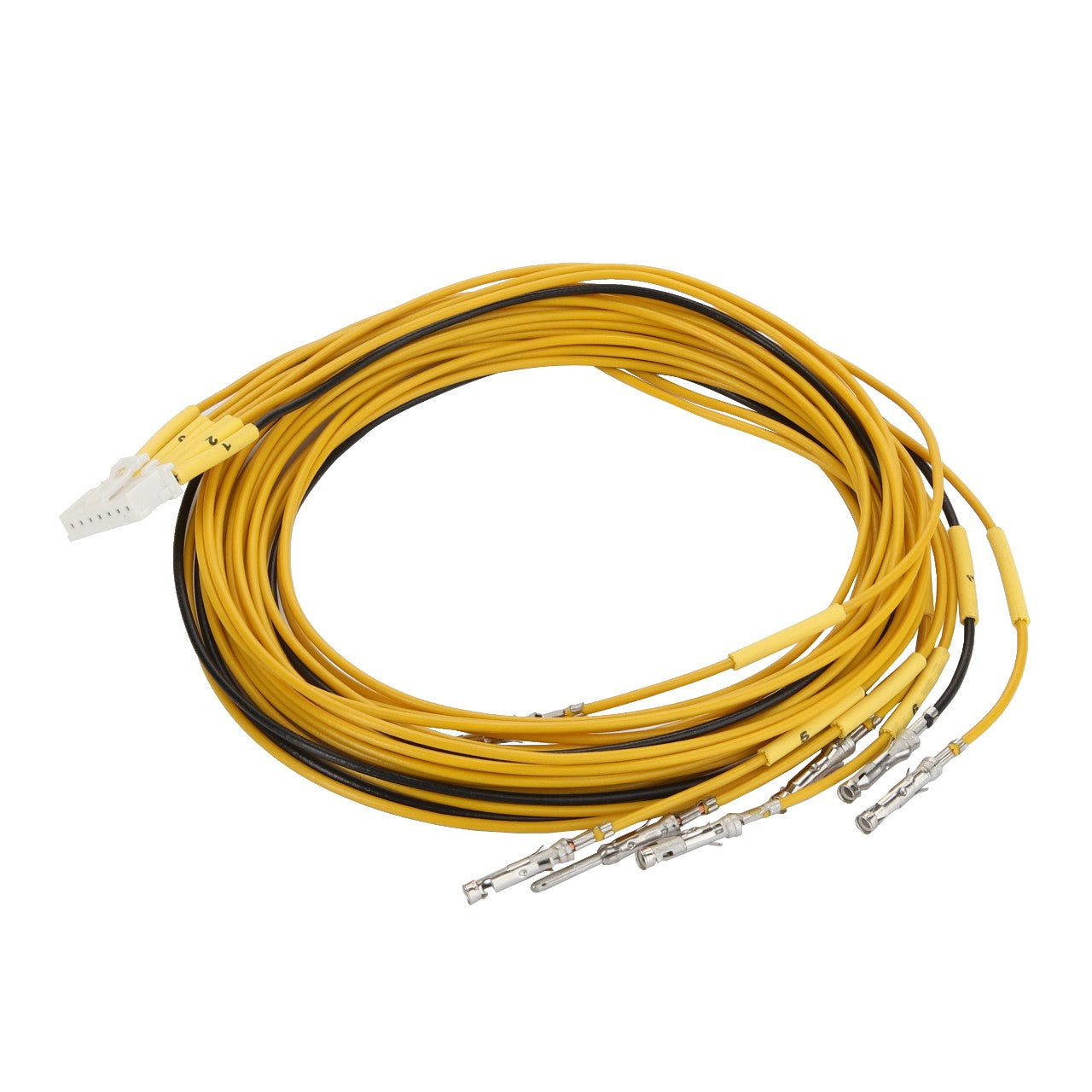 AGCO | CABLE - D44900042: A coiled yellow electrical wiring harness with white connectors on one end and metal connectors on the other. No current product description available.