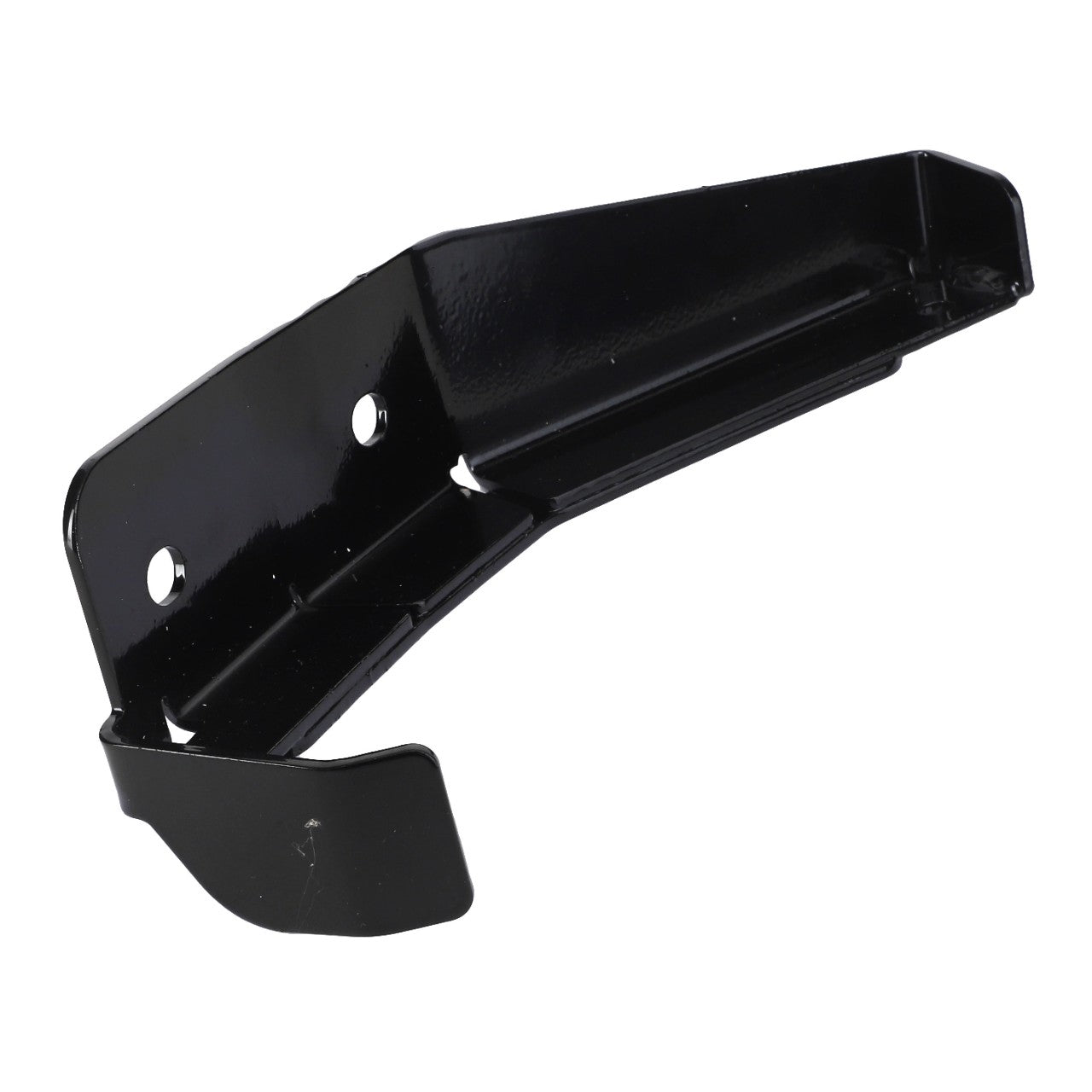 The AGCO Door Support - Acx2939750 is a sturdy black metal bracket featuring two screw holes and a convenient hook-like extension.