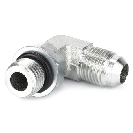 The AGCO Elbow Fitting (model Ag562401) is a metal pipe fitting with threaded connections, featuring a black rubber O-ring, and is compatible with Tractor Parts.