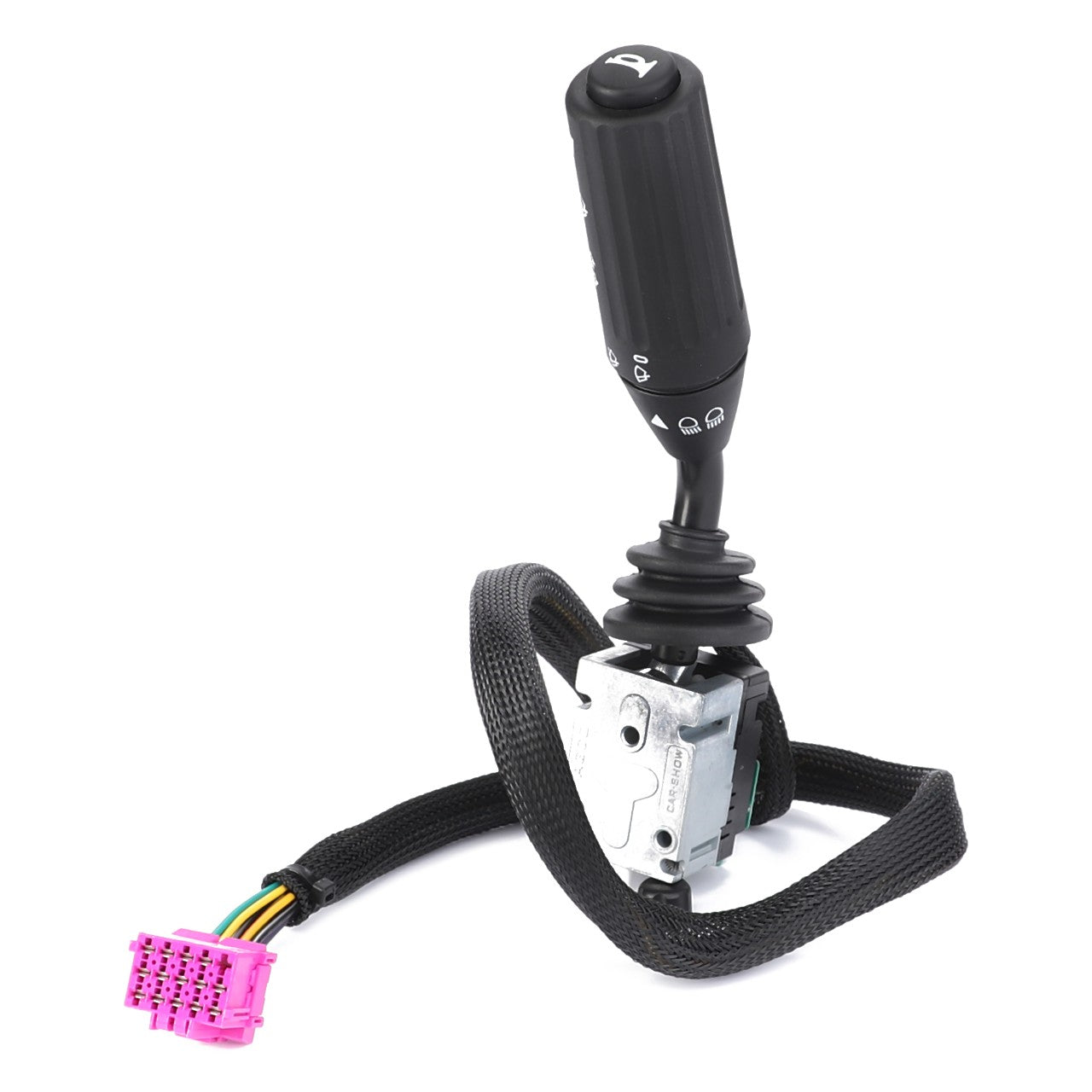 The AGCO Combi Switch Turn Signal and Wipers - 4351035M2, a black automotive turn signal switch featuring a pink multi-pin connector and wrapped wiring, compatible with Fendt models, is displayed against a white background.