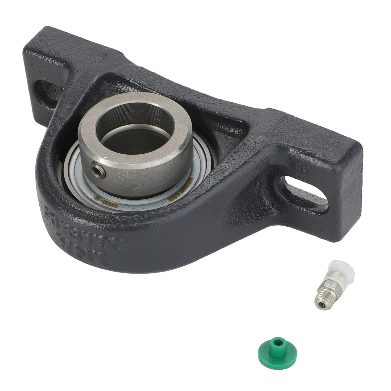 The AGCO BEARING CARRIER - D41712600, which comes with a housing, is pictured alongside a green plastic cap and a metal fitting, both detached and positioned next to the bearing.