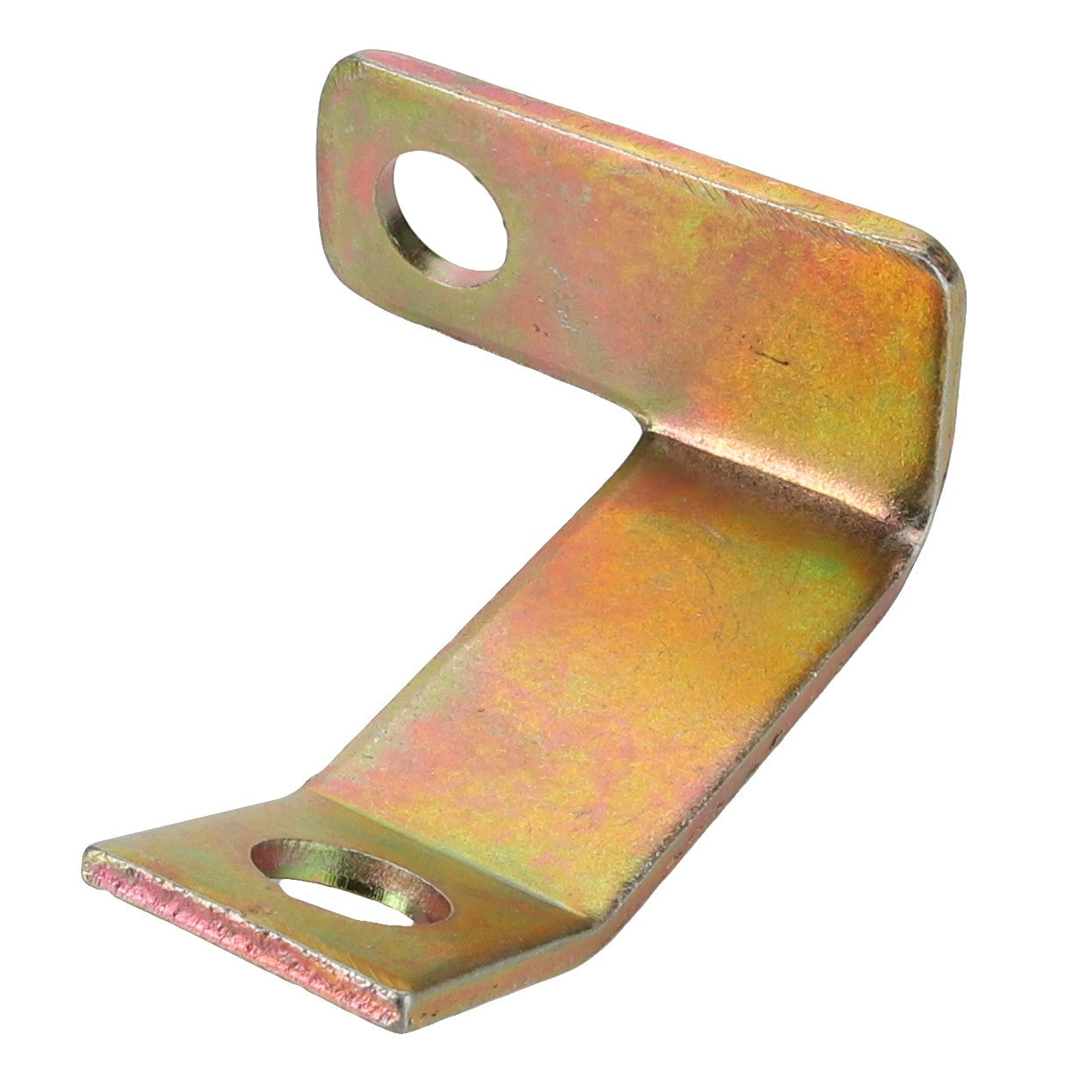 A rugged AGCO Clip - Acp0501640 metal bracket with two holes and an innovative angled design.