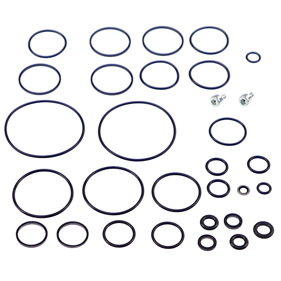 An assortment of black O-rings in various sizes alongside two small metal screws, neatly arranged on a white background, showcasing the AGCO | KIT - AL5040063 by AGCO. No current product description information is available.