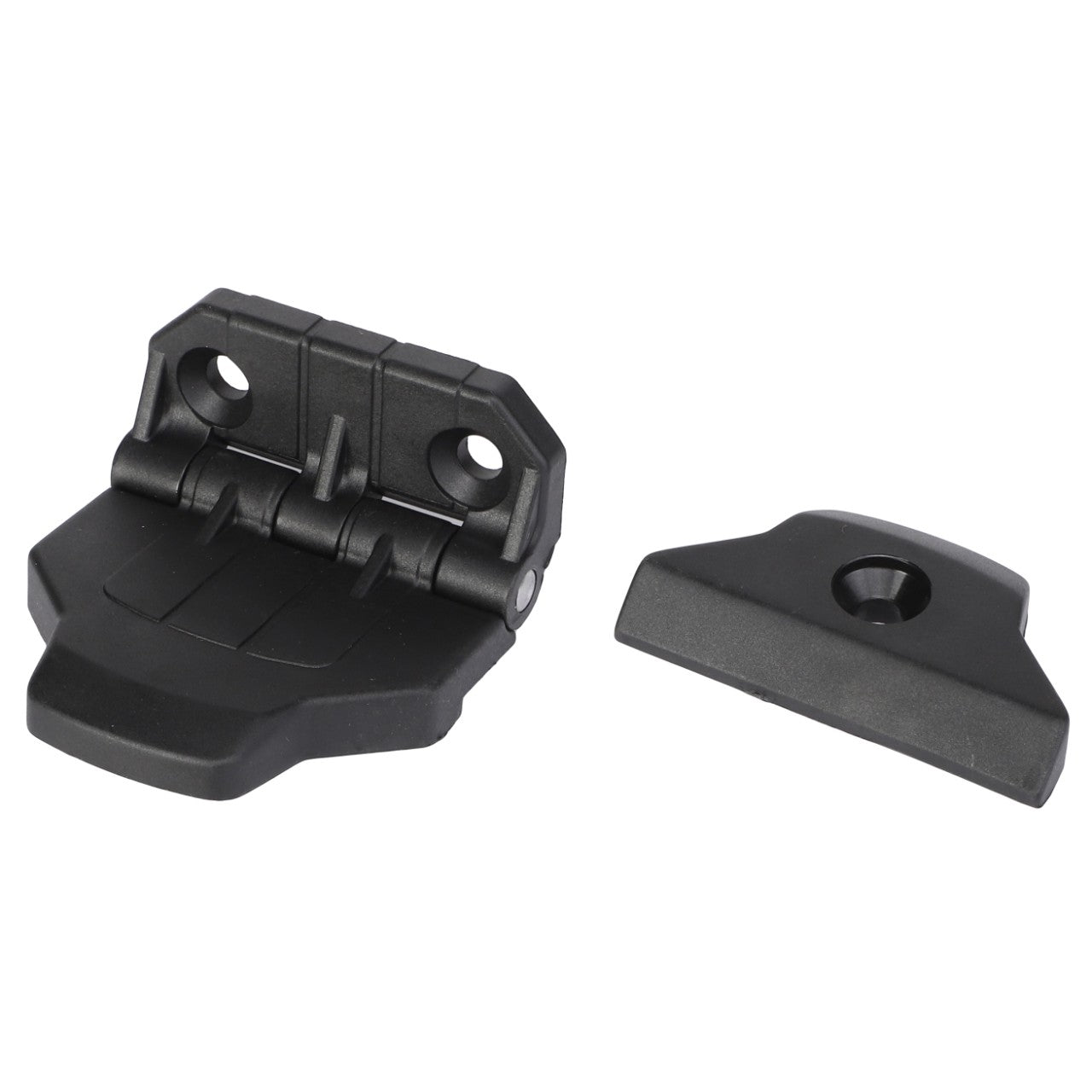 Two pieces of the AGCO black plastic hinge (4385938M1), with one part open showing two holes and another separate part with a single hole, compatible with Fendt Models.