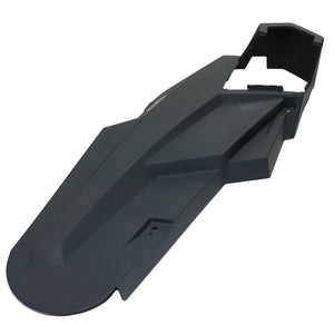 Introducing the AGCO Shield - Acw208435B, a sleek, dark gray plastic rear fender for motorcycles. It features an angular design and convenient mounting points, all crafted under the reputable AGCO brand.